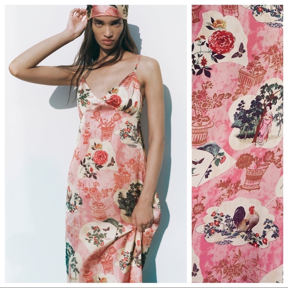 NWT. Zara Pink Printed Midi Dress with V-neckline. Size S. - Picture 2 of 11
